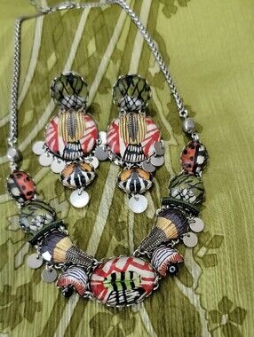 Ayala Bar Colorful Fabric  Under Glass Necklace And Earrings, Red, Gold, Green